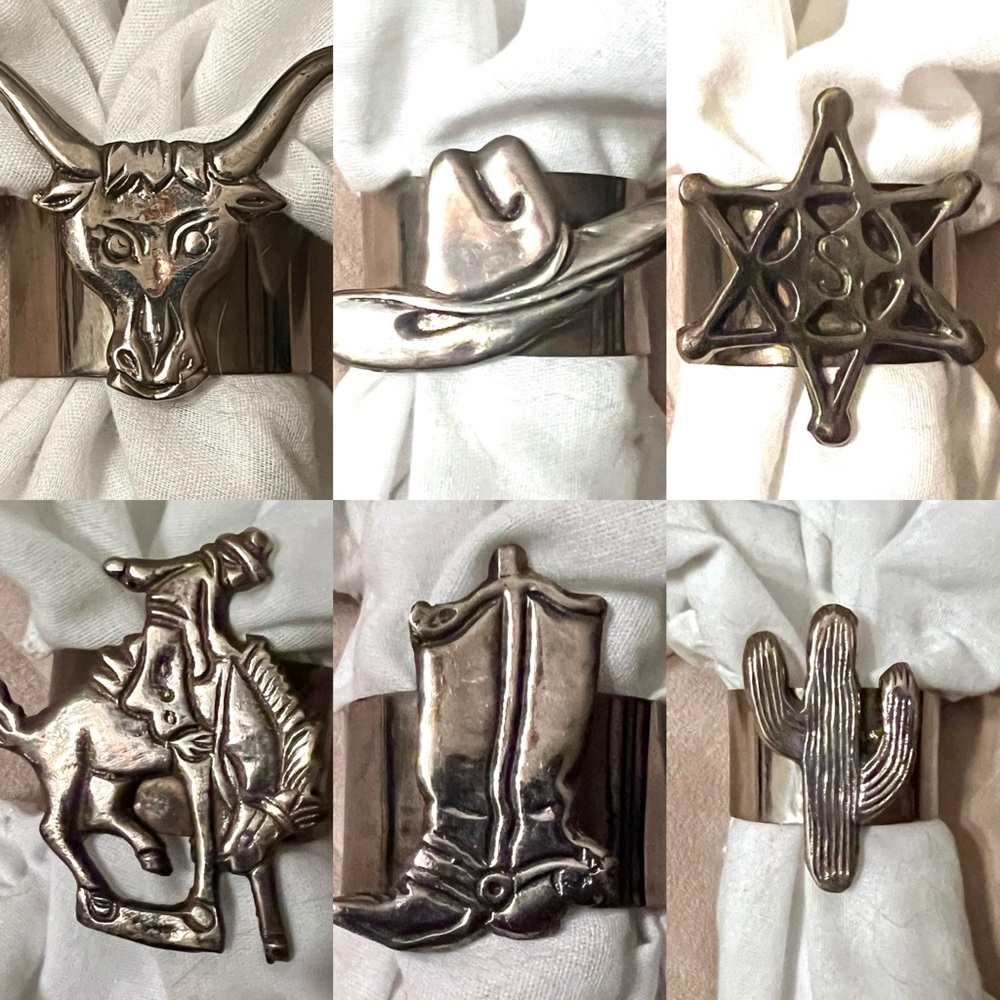 Napkin Rings Set of 6 Silver Western-Themed Chunky Heavy Napkin Holders